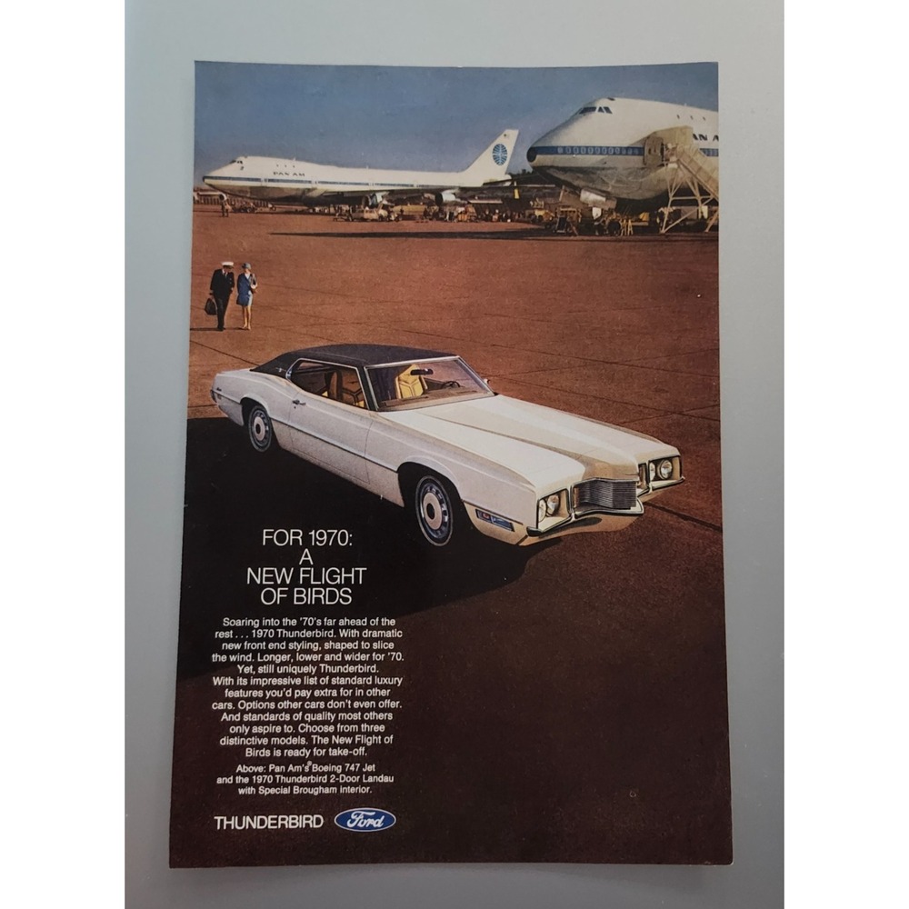 Vintage 1970 FORD THUNDERBIRD PRINT AD 1970s New Flight Pan Am 10x7